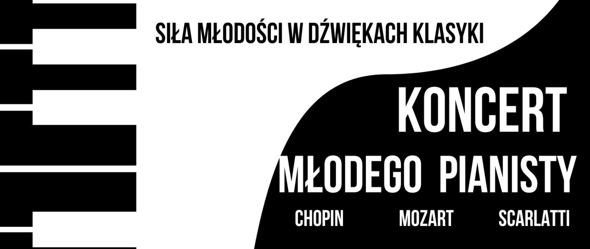 Zdjęcie przedstawia zaproszenie na koncert 19 września 2025 roku o godzinie 17:00. Kolory tła jak i napisy tworzące plakat są czarno-białe. W tle jest zdjęcie ucznia, który gra na pianinie. 