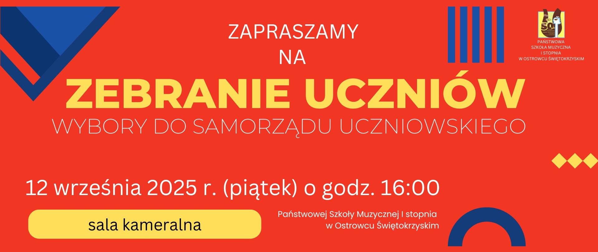 informacja o zebraniu uczniów, litery w kolorze białym na pomarańczowym tle w niebieskimi elementami graficznymi