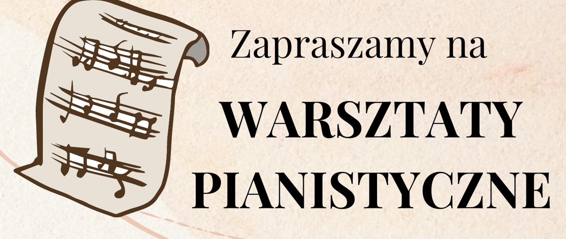 Plakat warsztatów pianistycznych na beżowym tle z grafiką fortepianu