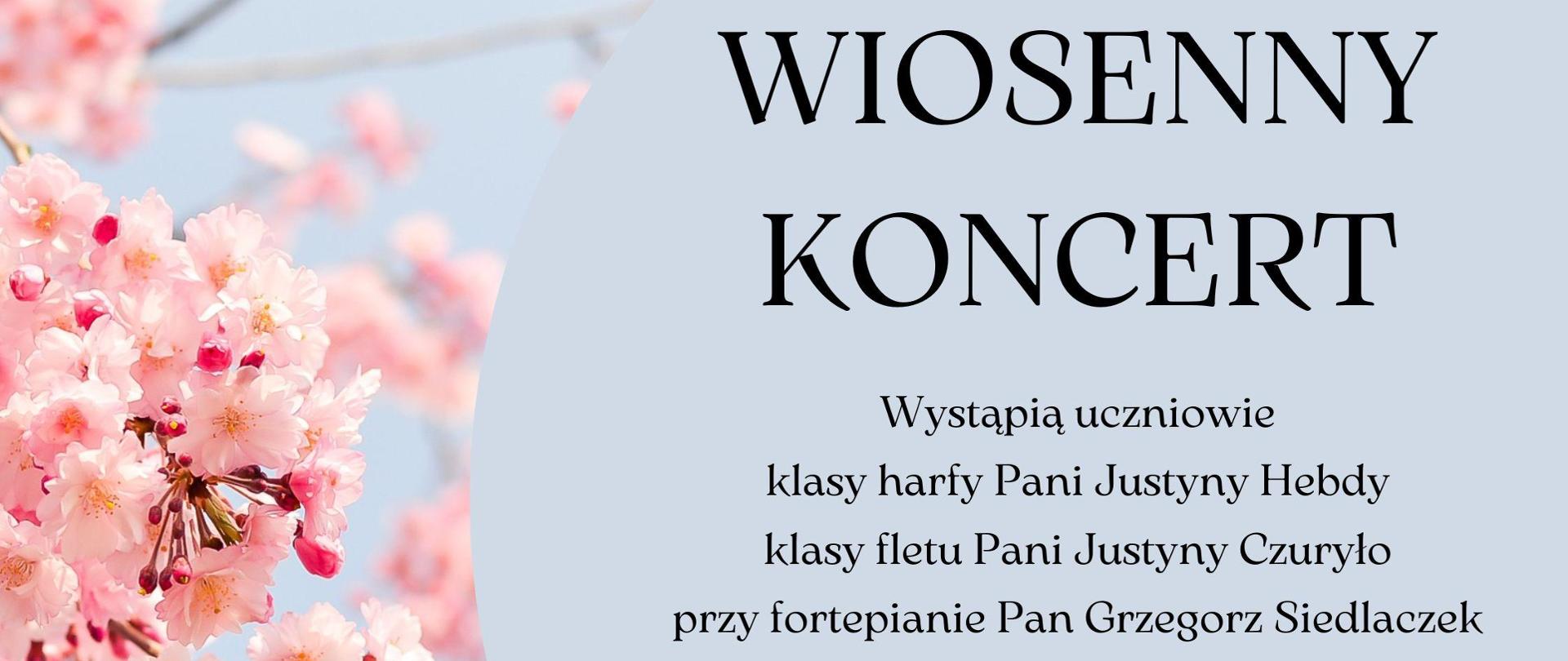 Plakat zapraszający na koncert wiosenny z różowymi kwiatami w tle. Na górze plakatu znajduje się napis "WIOSENNY KONCERT". Poniżej znajduje się informacja o występujących uczniach klas harfy Pani Justyny Hebdy i klas fletu Pani Justyny Czuryło. Przy fortepianie Pan Grzegorz Siedlaczek. Koncert odbędzie się w poniedziałek, 29 kwietnia 2024 roku, o godzinie 18:00, w sali numer 75. Na dole plakatu napis "Zapraszamy!".