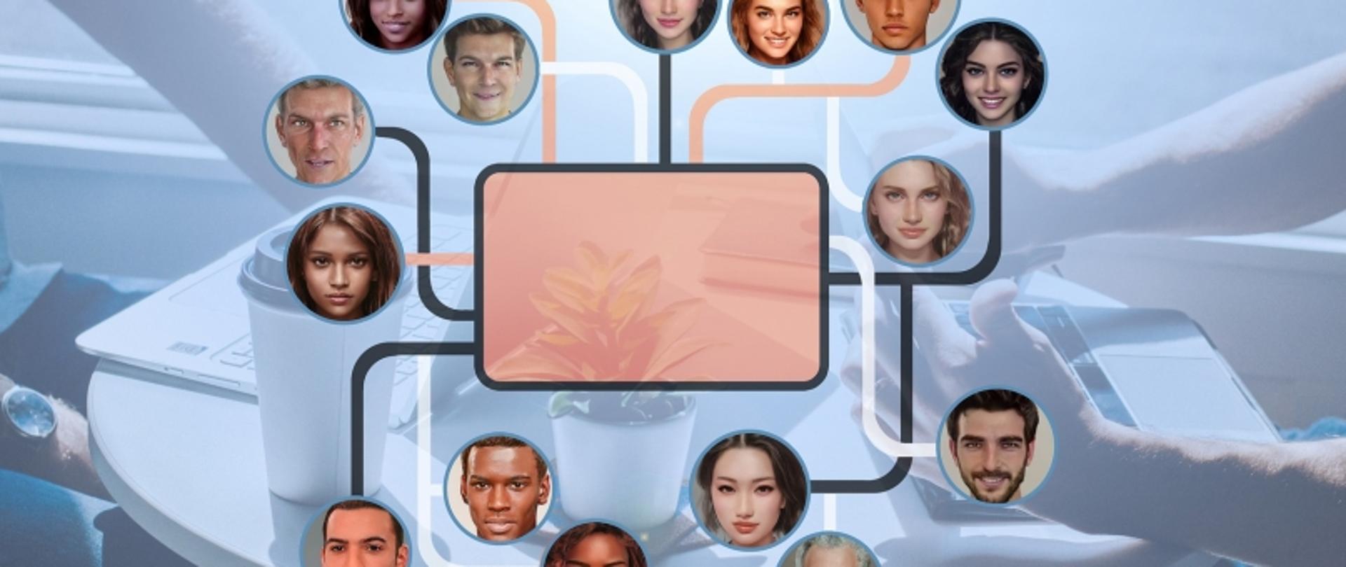 Schemat sieciowy z ikonami osób i centralnym węzłem, w tle dwie osoby pracujące przy laptopach.