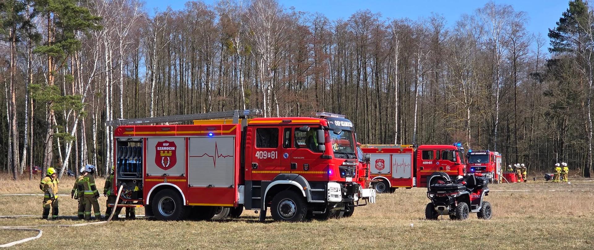 Zdjęcie przedstawia strażaków podczas ćwiczeń.
W tle las.
