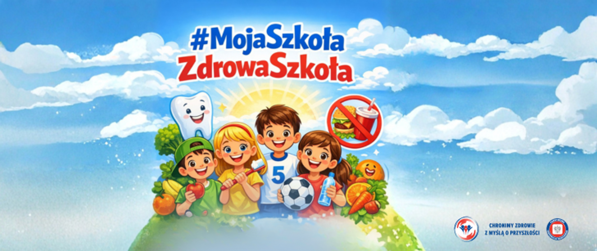 Grafika przedstawia 4 uśmiechnięte dzieci, z czego niektóre z nich trzymają jabłko, szczoteczkę do zębów, piłkę i wodę. Z tyłu widać słońce, uśmiechnięty ząb oraz skreślonego hamburgera i napój gazowany. Dzieci znajdują się na tle niebieskiego nieba i białych chmurek. Nad głowami znajduje się napis Moja Szkoła Zdrowa Szkoła, a w prawym dolnym rogu umieszczono dwa logo inspekcji Sanitarnej i hasło Chronimy zdrowie z myślą o przyszłości.