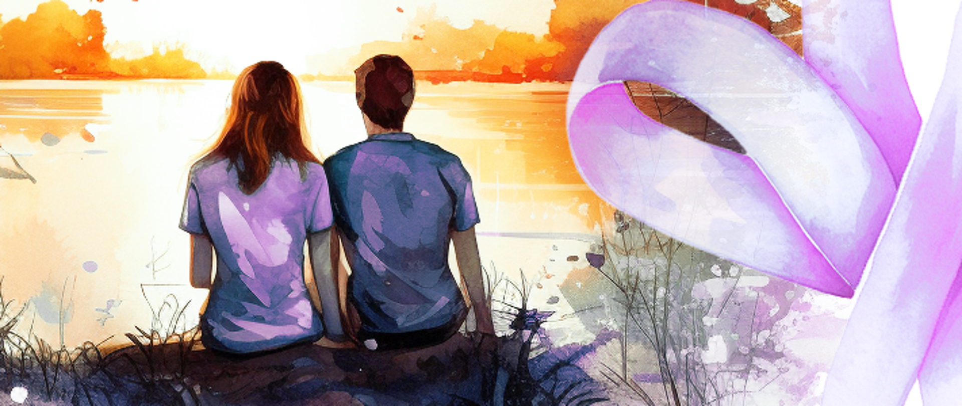 grafika prezentująca parę siedzącą nad jeziorem i oglądającą zachód słońca. po prawej stronie znajduje się duża fioletowa kokardka.