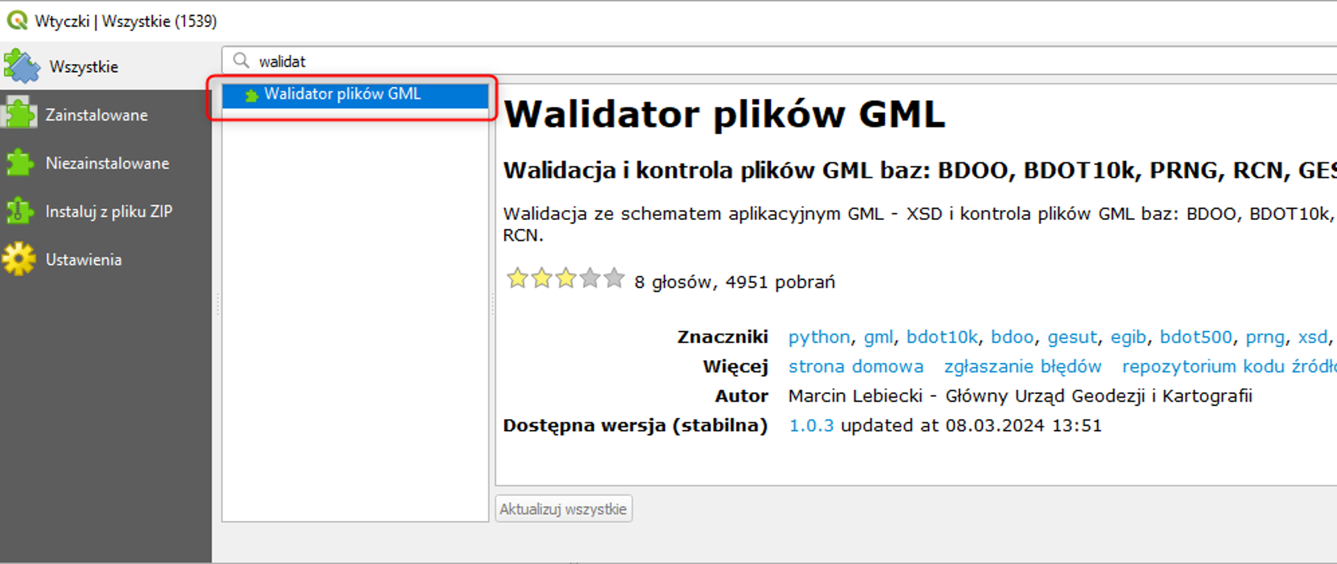  zrzut ekranu przedstawiający uruchomioną wtyczkę "Walidator plików GML"