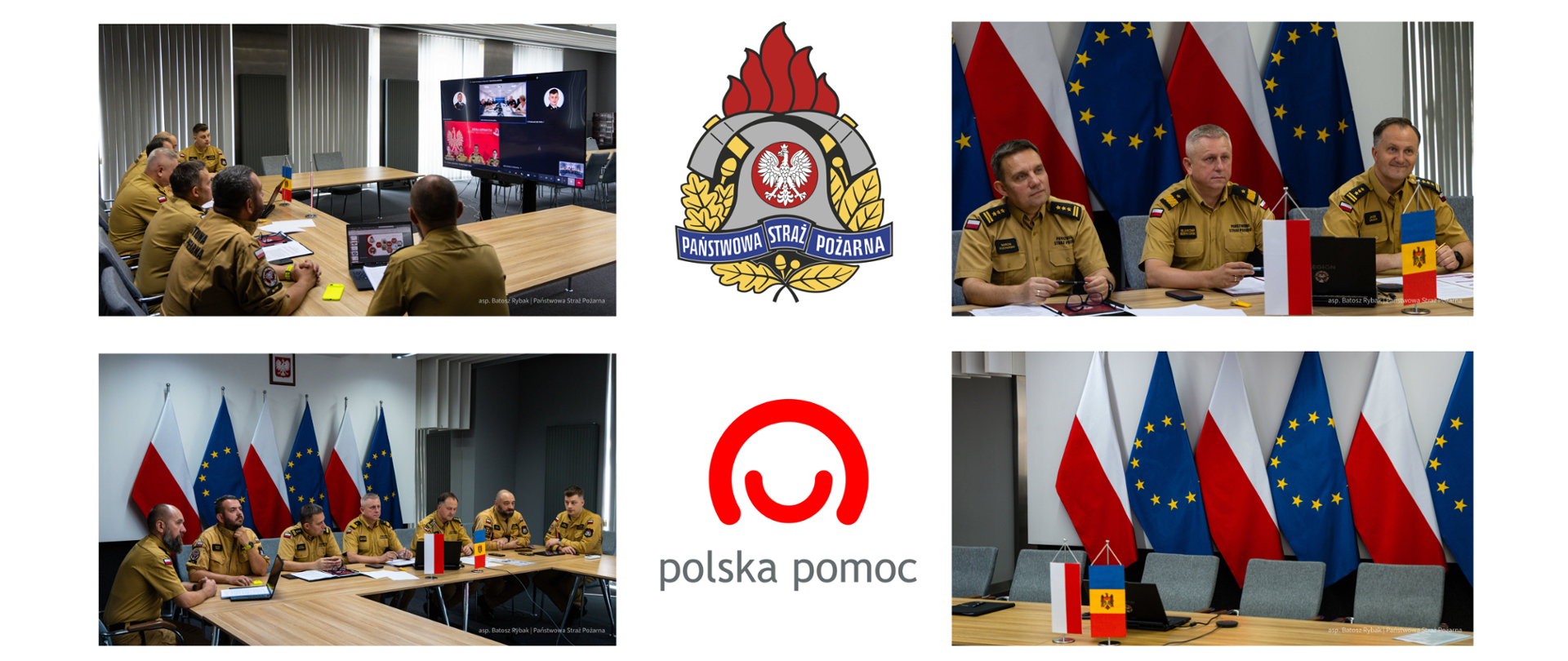 Kolaż czterech fotografii przedstawiających spotkanie i wideokonferencję funkcjonariuszy Państwowej Straży Pożarnej. W centralnej części grafiki znajdują się emblemat Państwowej Straży Pożarnej oraz logo programu „polska pomoc”.

