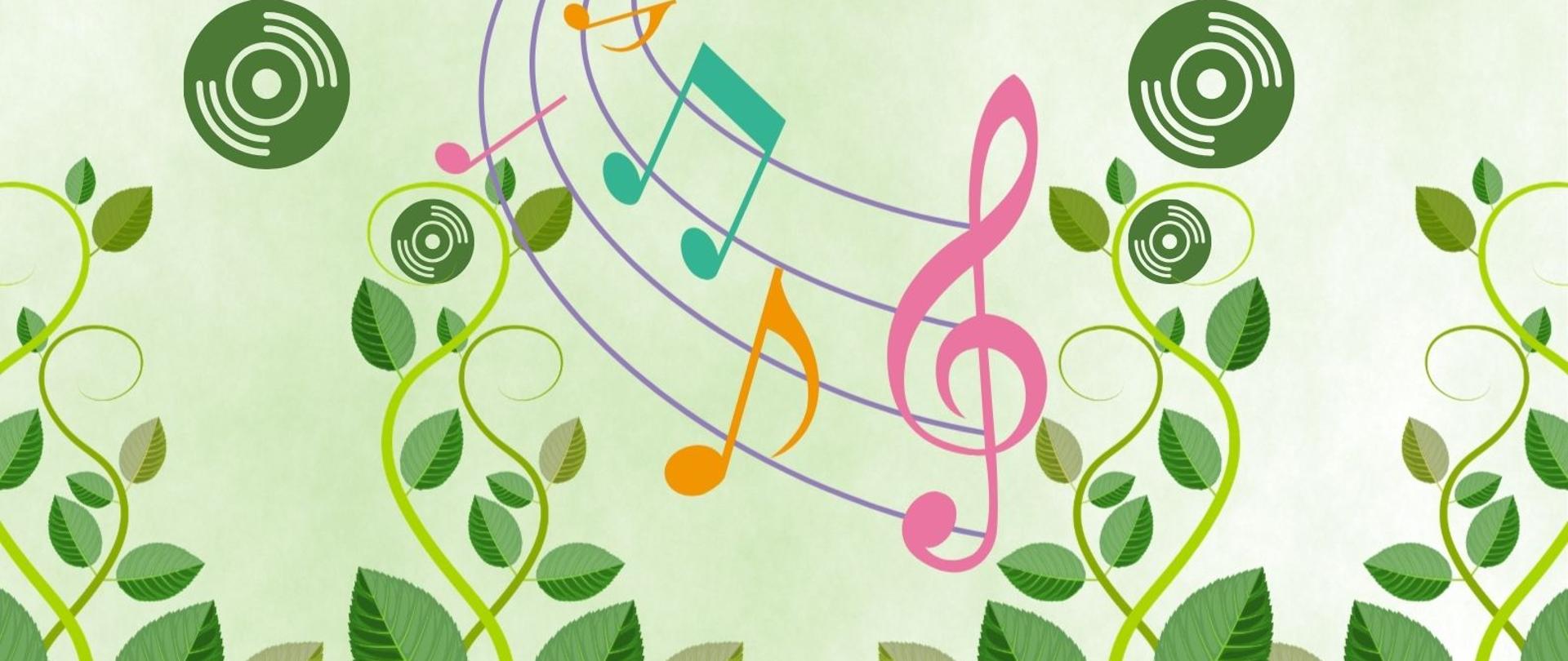 Plakat informacyjny, utrzymany w jasnej, zielonkawej kolorystyce. Na górze znajdują się dekoracyjne motywy liści i nut muzycznych. centralnie umieszczony jest zielony napis, poniżej podano datę i czas wydarzenia. Dolna część plakatu zawiera kolorową grafikę przedstawiającą pięciolinię z nutami oraz kluczem wiolinowym, otoczoną stylizowanymi roślinnymi ornamentami i symbolami płyt winylowych.