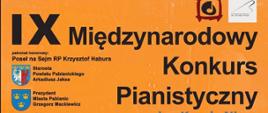 Plakat wydarzenia muzycznego w odcieniach pomarańczu i granatu. U góry widnieje napis: „IX Międzynarodowy Konkurs Pianistyczny im. Karola Nicze” dla uczniów szkół muzycznych I i II stopnia. Po lewej stronie znajdują się informacje o patronacie honorowym i medialnym wraz z herbami instytucji. Centralną część plakatu zajmuje stylizowana grafika klawiatury fortepianu. Na dole podana jest data wydarzenia: 22–23 maja 2026 roku oraz miejsce: aula Państwowej Szkoły Muzycznej I i II stopnia w Pabianicach. W dolnej części umieszczono logotypy organizatorów, współorganizatorów i partnerów.