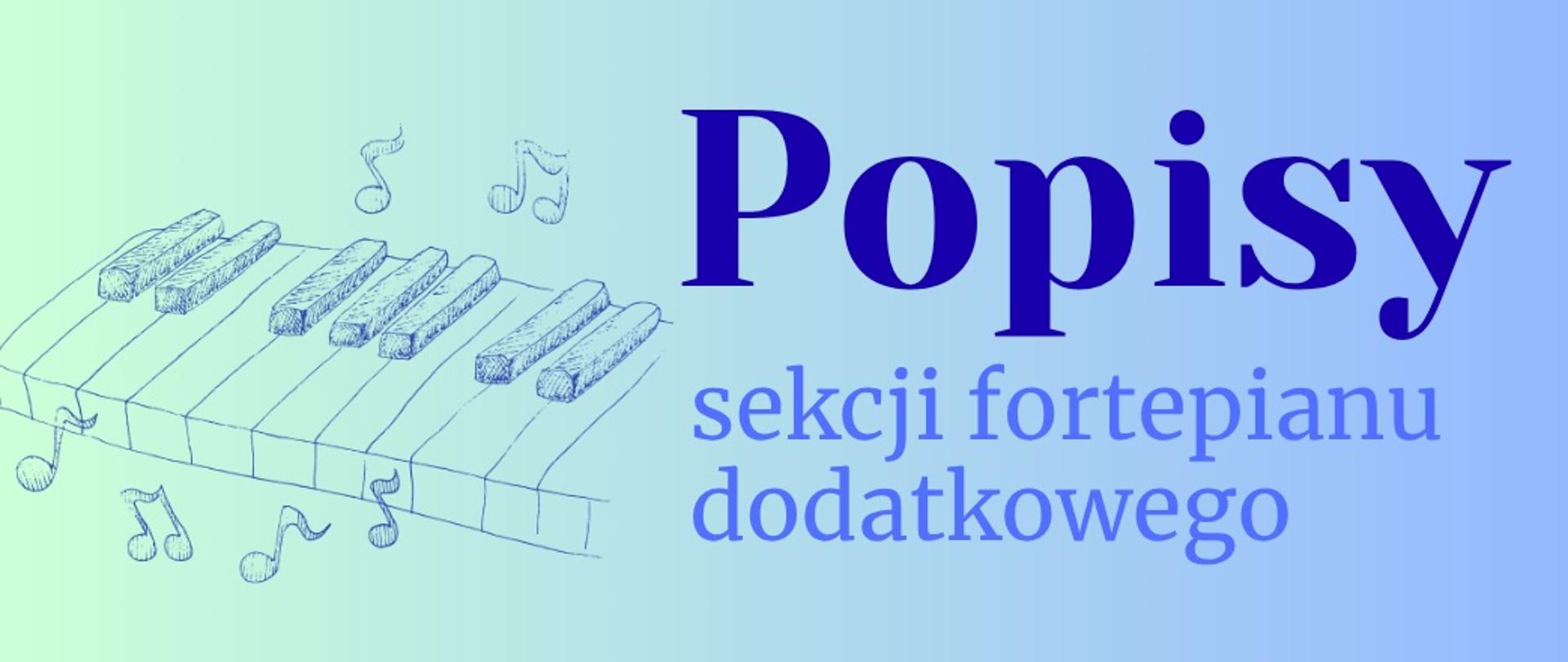 Baner na Popisy sekcji fortepianu dodatkowego, niebieskie tło, niebieskie litery, szkic klawiatury i nut w tle