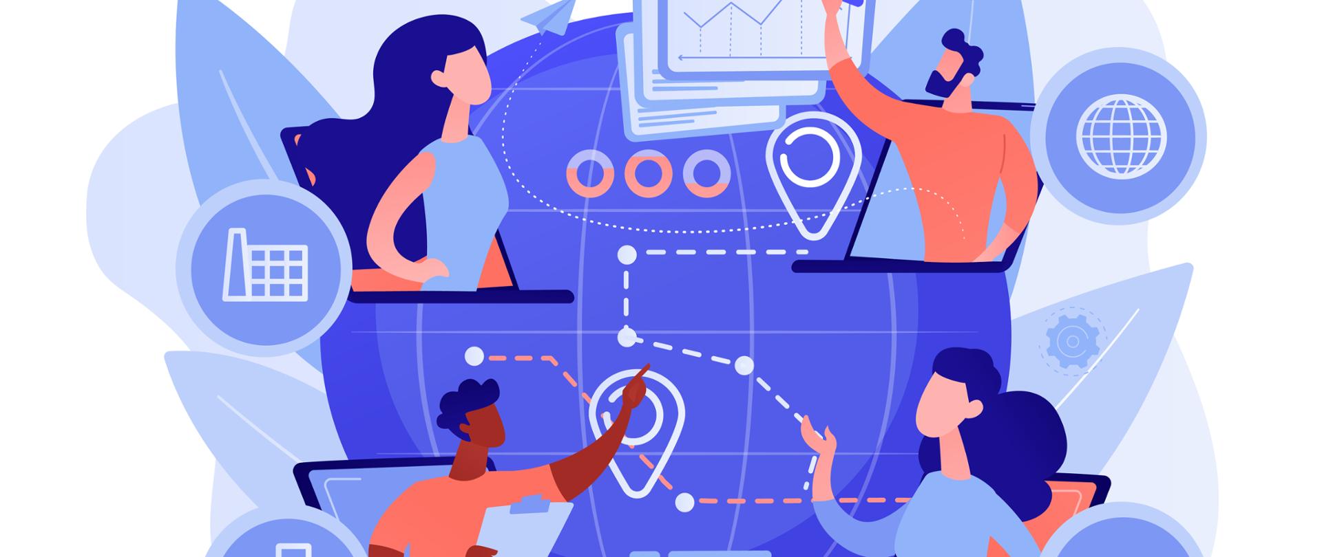 Global distribution, international cargo freight company. Supply chain management, logistics operations control, streamline your logistics concept. Pinkish coral bluevector isolated illustration