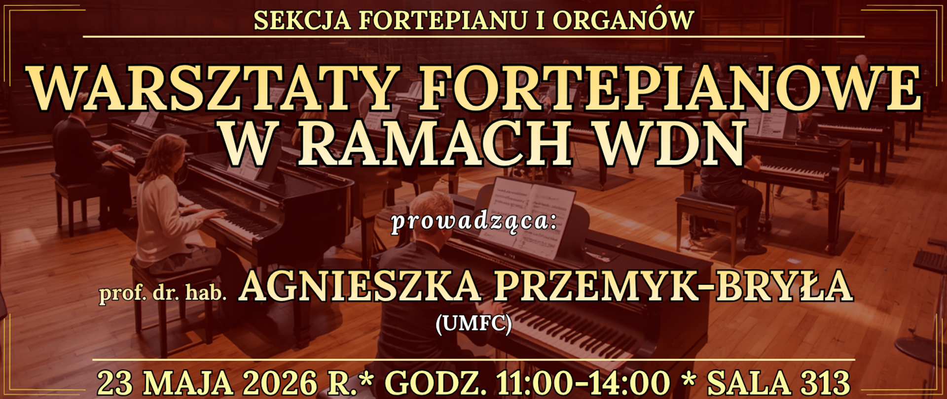baner w tle ludzie siedzący przy fortepianach oraz informacja o wydarzeniu