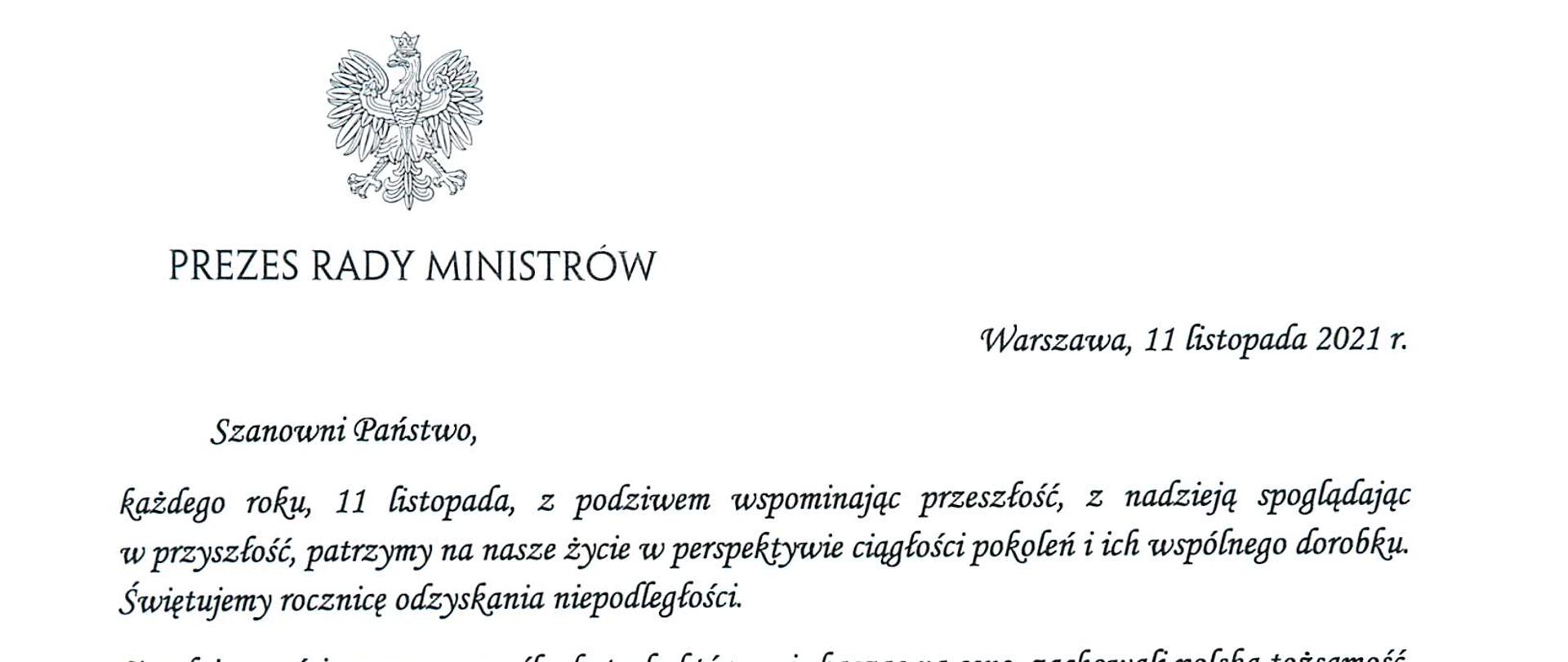 List Prezesa Rady Ministrów z okazji Narodowego Święta Niepodległości