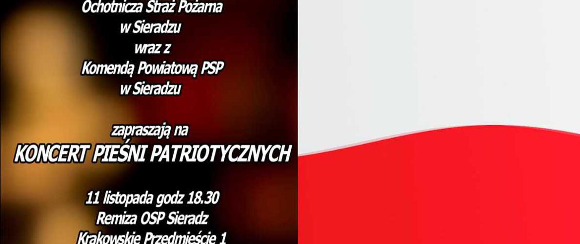 flaga narodowa, z boku zaproszenie na koncert pieśni patriotycznych