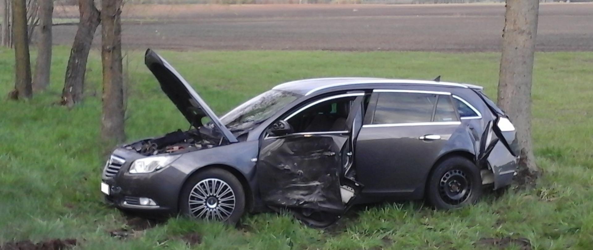 Samochód osobowy po wypadku stojący na poboczu drogi. Przednie drzwi oraz tylny zderzak pojazdu są uszkodzone.
