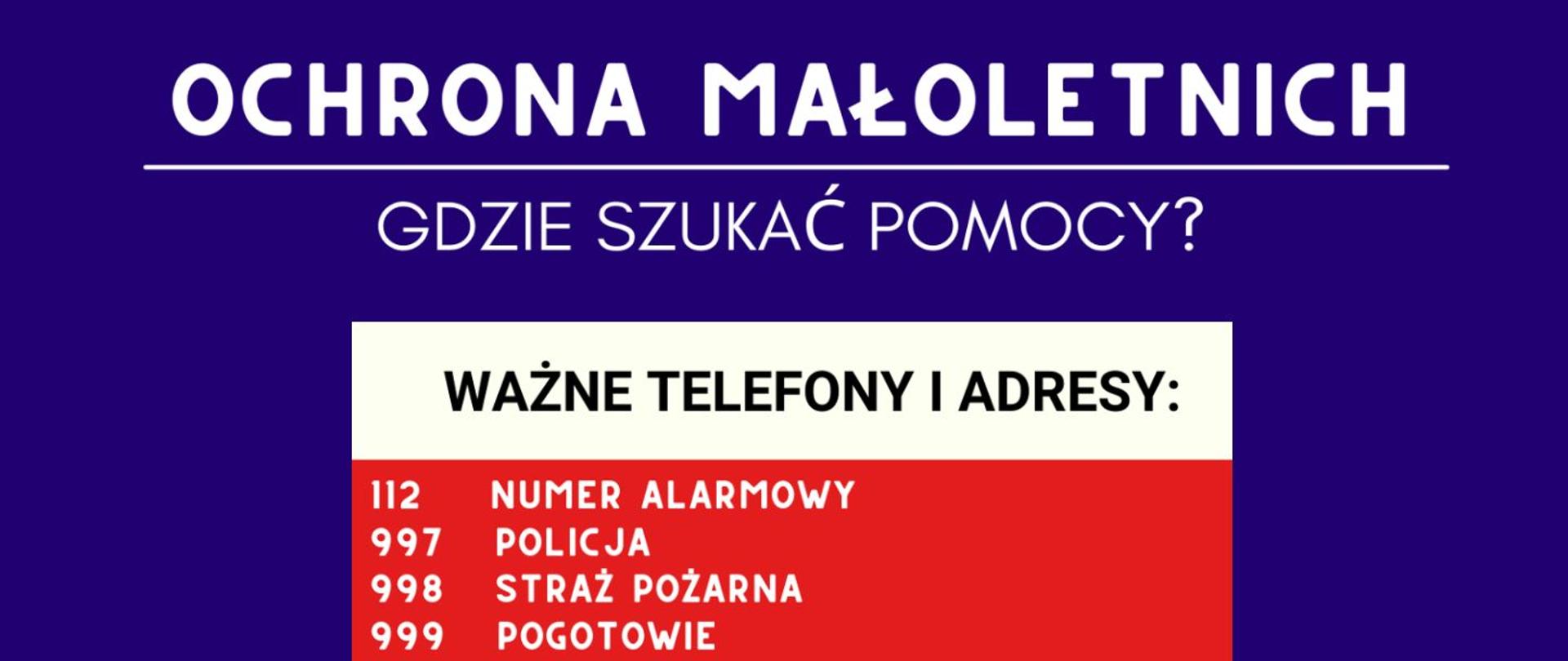 Banner przedstawia napis "Ochrona Małoletnich - gdzie szukać pomocy?" oraz numery alarmowe w Polsce. Biały tekst na niebieskim tle.