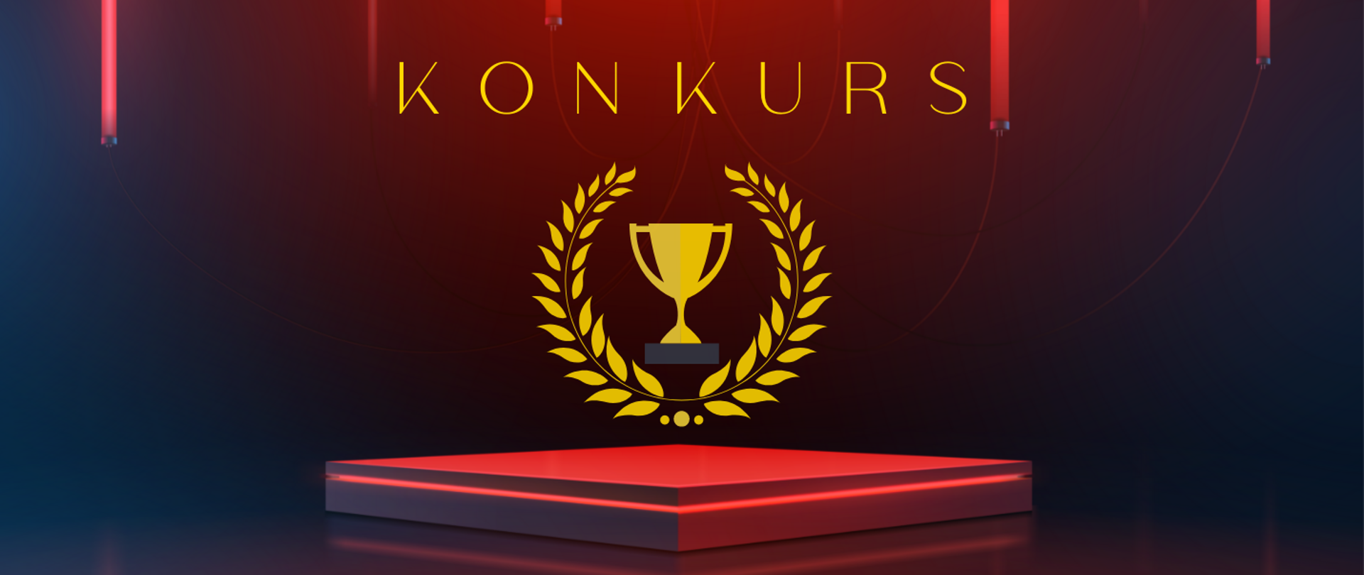 Grafika w kolorze granatowo-ciemno-bordowym. Od góry zwisające pionowe czerwone wstążki, złoty napis "konkurs". Na dole grafika przedstawiająca czerwony podest sceniczny z jednym stopniem. Na nim, na środku w kolorze złotym wieniec laurowy w kształcie niezamkniętego koła u góry. W środku wieńca złoty puchar.