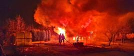 Dwóch strażaków gasi palącą się altanę