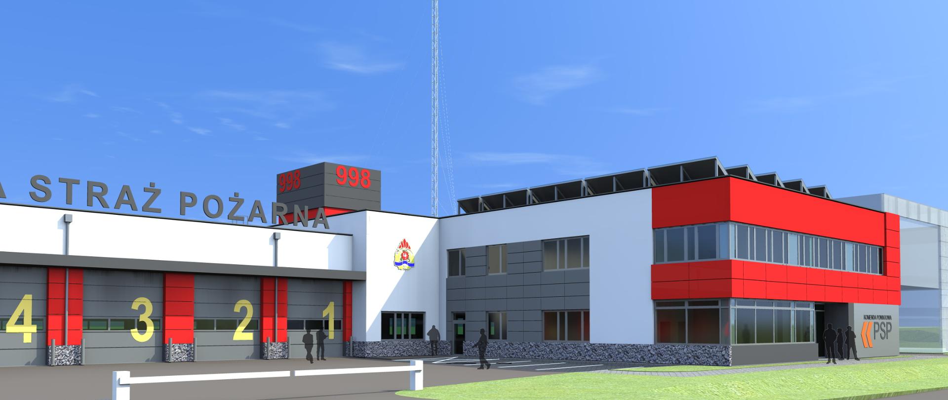 Widok elewacji frontowej nowoprojektowanego budynku, cztery bramy wjazdowe do jednostki w kolorze szarym, budynek dwukondygnacyjny z elementami czerwonymi.