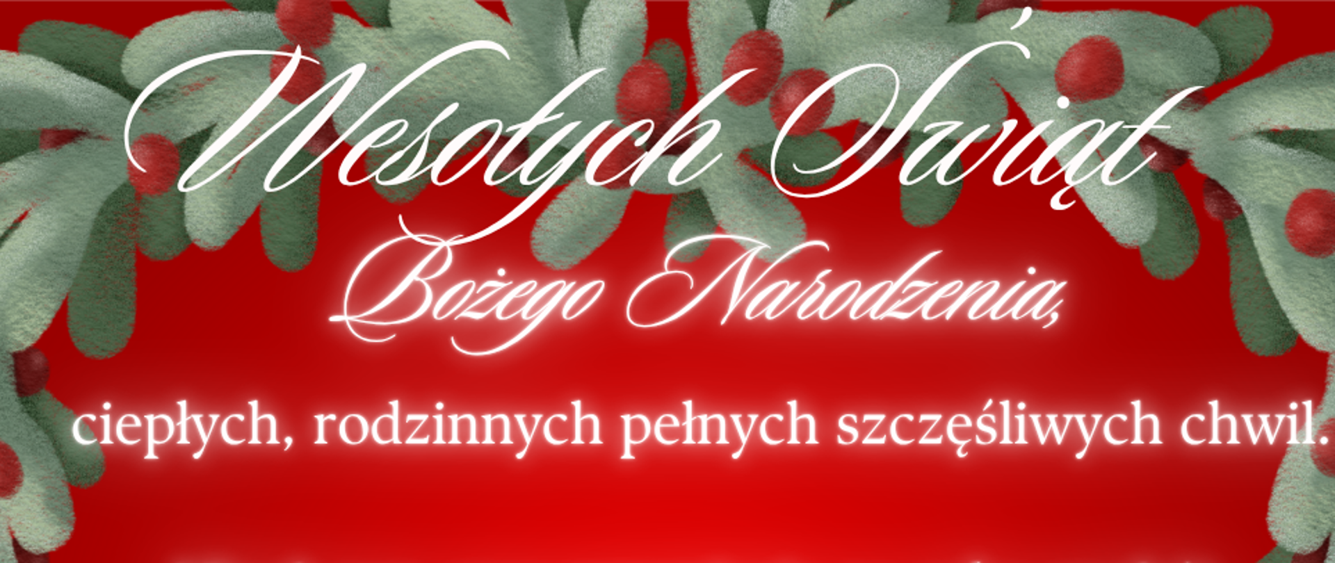 czerwony plakat z białym dużym prezentem na rysunku i białe napisy z życzeniami świątecznymi