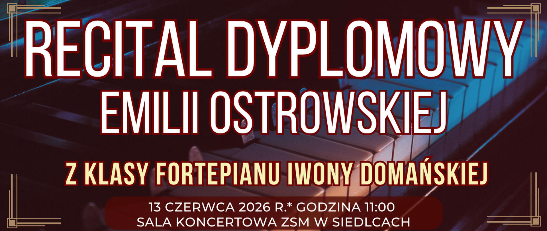 baner w tle klawiatura fortepianu oświetlona kolorowo oraz informacja o wydarzeniu
