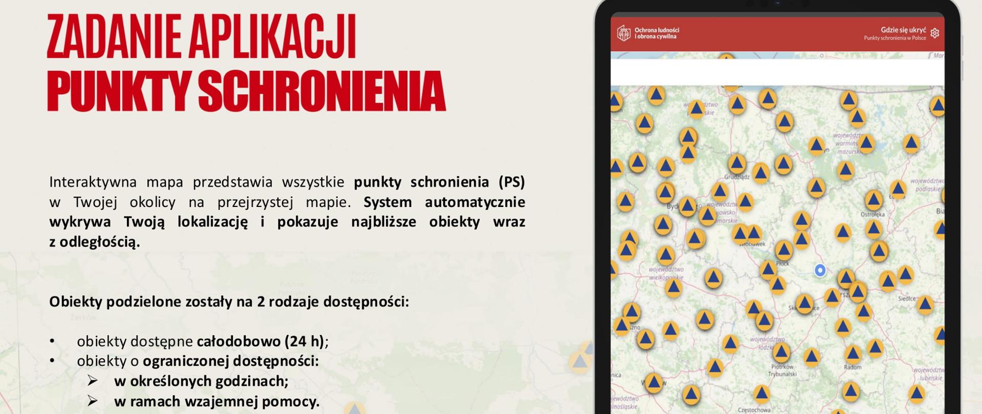 Fotografia przedstawiająca telefon komórkowy na ekranie którego znajduje się interaktywna mapa przedstawiająca punkty schronienia w najbliższej okolicy. Z lewej strony opis obiektów podzielonych na dwa rodzaje dostępności.