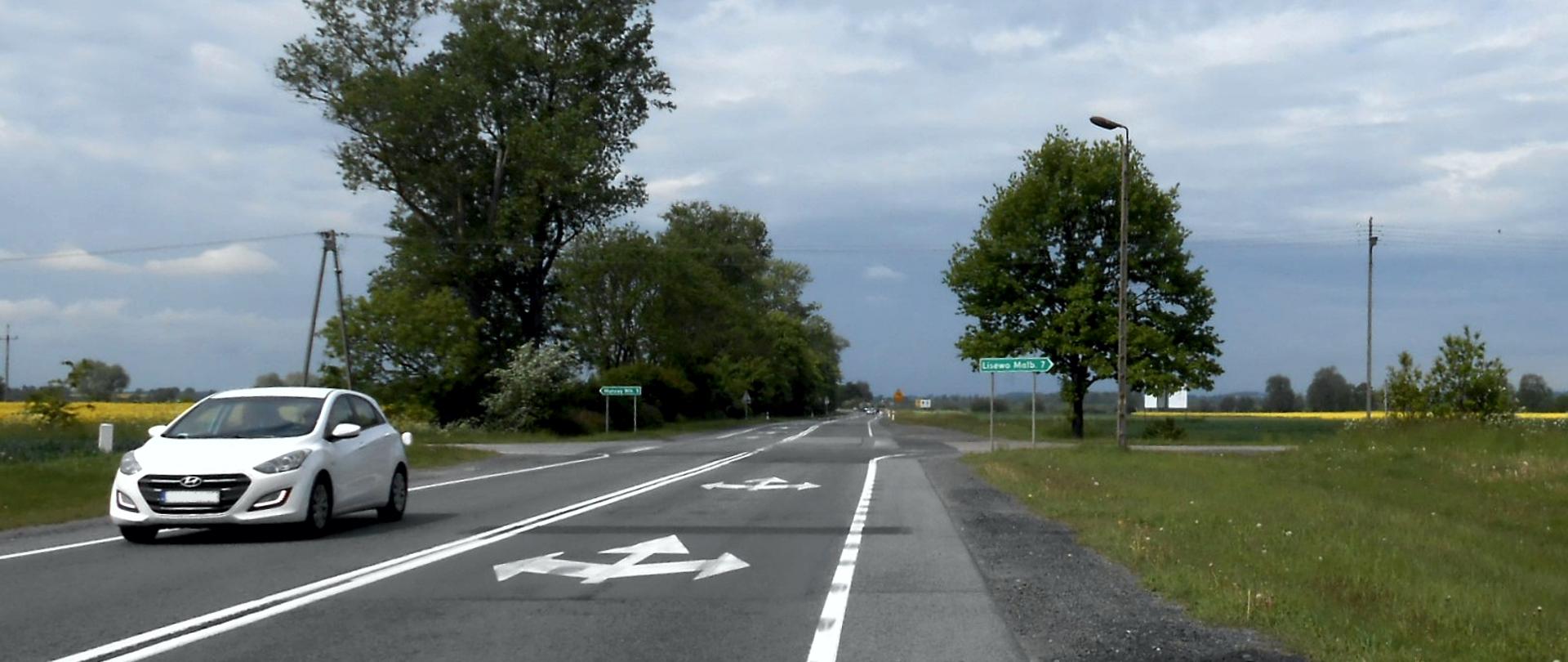Droga krajowa nr 22 w okolicy Kończewic. Na zdjęciu widać skrzyżowanie z drogą do Lisewa z jadącym samochodem. Po obu stronach drogi krajobraz rolniczy z polami uprawnymi i przydrożnymi drzewami.