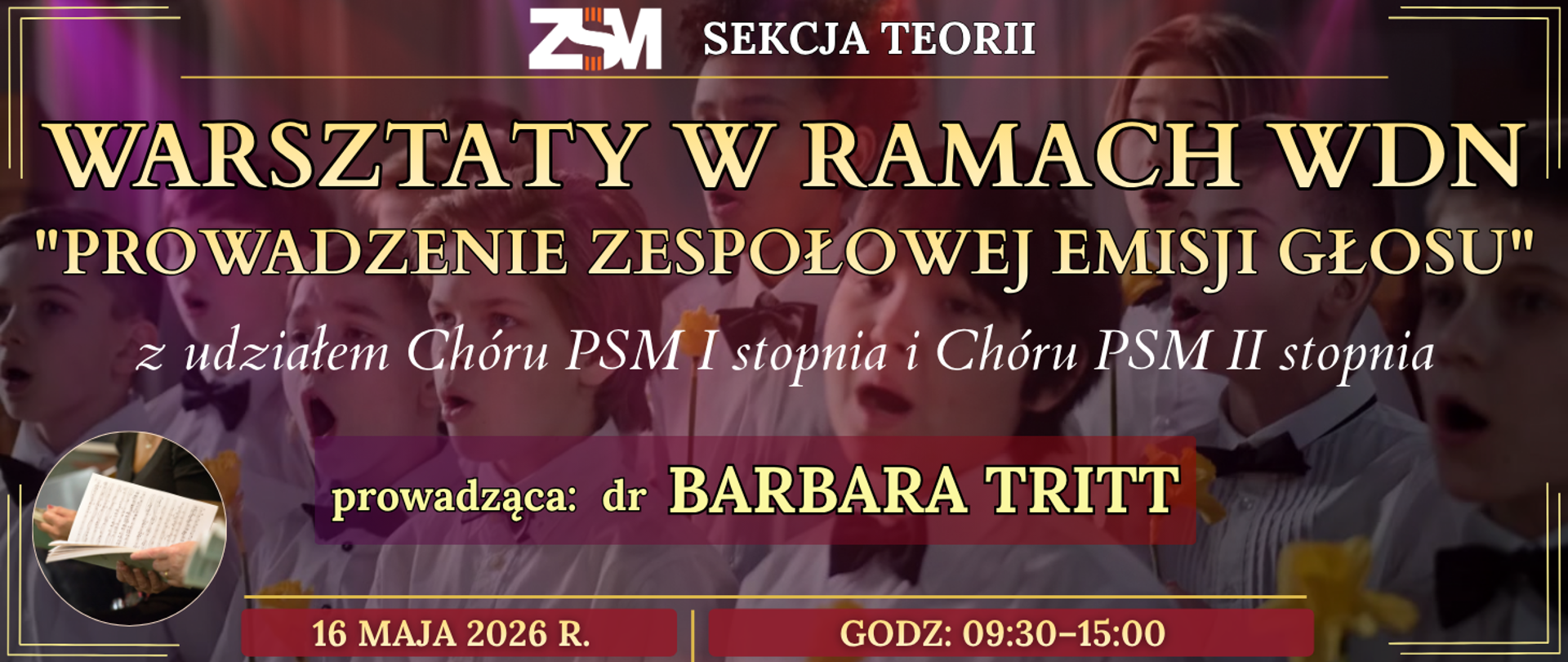 baner jasne narożniki po lewej na dole w kole ręce trzymające nuty w tle chór śpiewający oraz informacja o warsztatach 