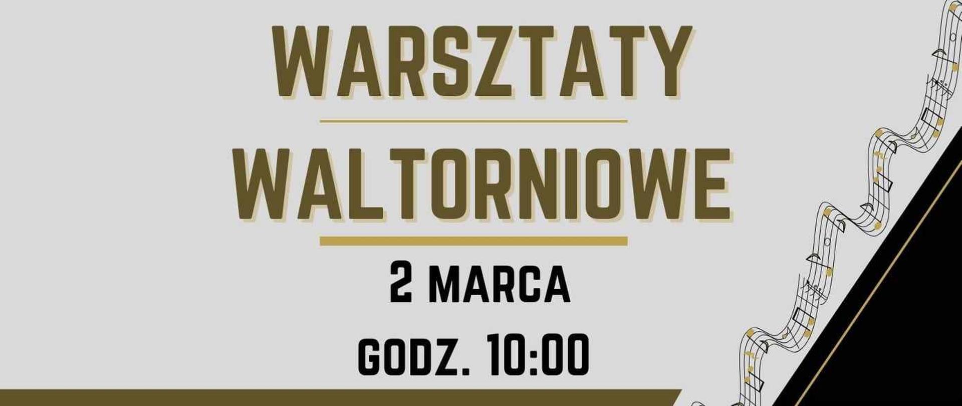Plakat z wydarzeniem - Warsztaty waltorniowe, które odbędą się 2 marca 2024r. w ZPSM im. prof. Krzysztofa Pendereckiego w Dębicy; w koncercie finałowym, który odbędzie sie po warsztatach o godz. 13:00 zagra Pan Paweł Cal, Carpatia Horn Quartet i uczestnicy warsztatów, akompaniować będzie Pani Dominika Serafińska; informacja o koncercie finałowym znajduje się po lewej stronie plakatu, po prawej stronie umieszczono zdjęcie prowadzącego grającego na waltornii, przez środek plakatu od lewego do prawego rogu umieszczono pięciolinię z nutami.