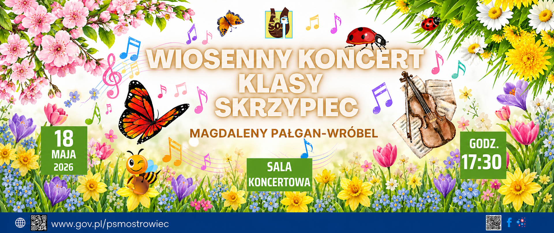 górna część grafiki w kolorze jasnym. W dolnej części żonkile rosnące w zielonej trawie. Po środku. Jasne napisy informacyjne o wydarzeniu pn. " Wiosenny koncert klasy skrzypiec" 