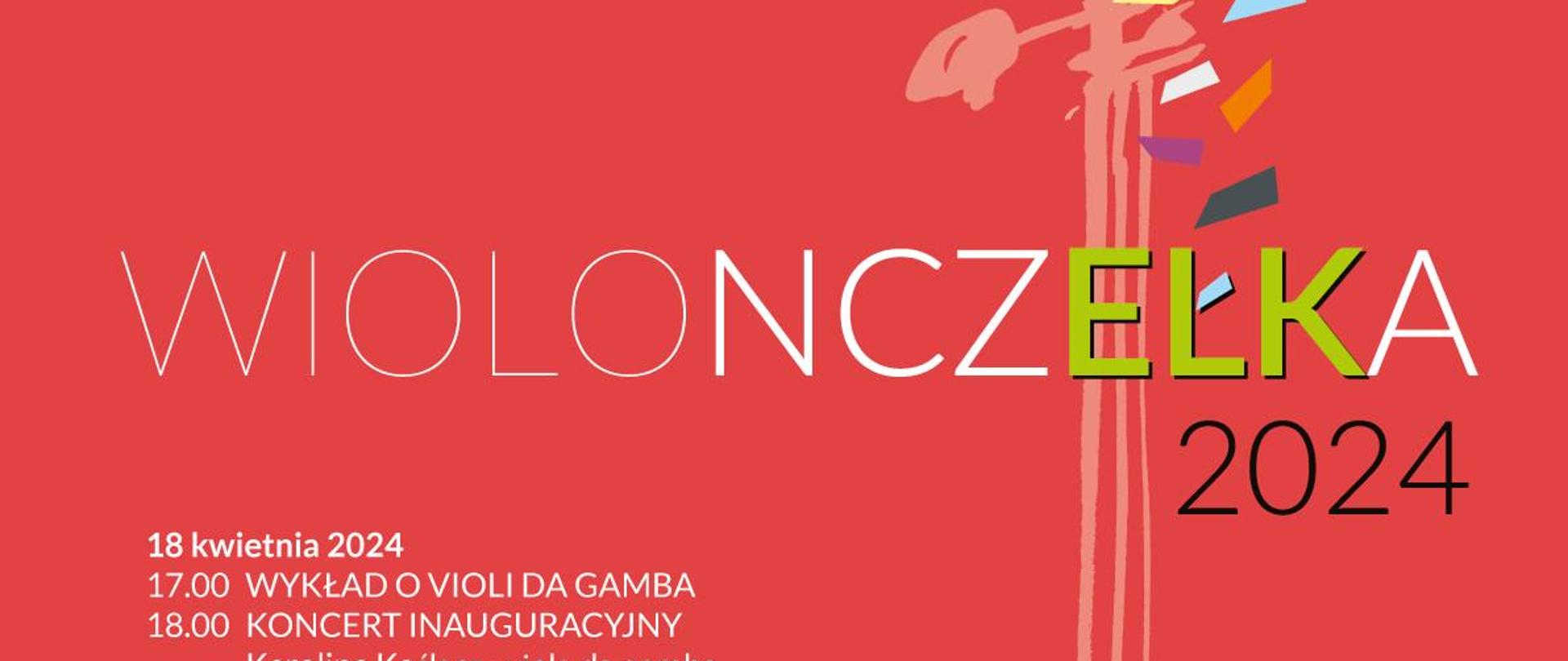 Plakat z czerwonym podkładem z wieloma logami firm, instytucji na dole. Białe litery w większości drukowane z informacjami o konkursie wiolonczelowym w szkole muzycznej w Ełku. Z prawej strony plakatu kolorowa główka wiolonczeli z kołkami.