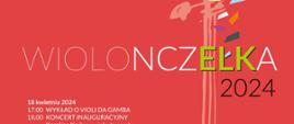 Plakat z czerwonym podkładem. Białe litery w większości drukowane z informacjami o konkursie wiolonczelowym w szkole muzycznej w Ełku. Z prawej strony plakatu kolorowa główka wiolonczeli z kołkami.