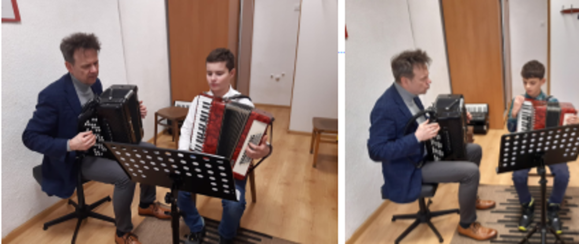 Uczniowie w sali lekcyjnej podczas warsztatów akordeonowych prowadzonych przez dr hab. Piotra Chołołowicza z Akademii Muzycznej w Katowicach