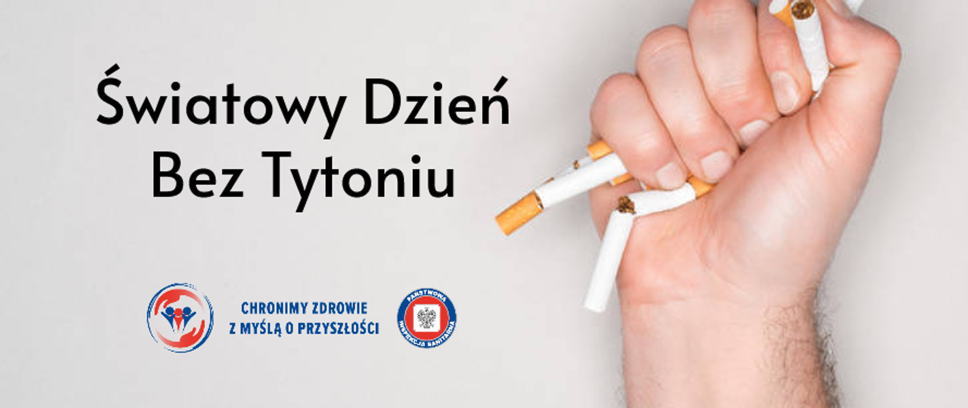 Na zdjęciu po prawej stronie widać zgniecione papierosy trzymane w dłoni. Po lewej stronie jest napisane: 31 maja 2026 r., Światowy Dzień Bez Tytoniu. Poniżej: Chronimy zdrowie z myślą o przyszłości. Obok znajduje się logo Państwowej Inspekcji Sanitarnej. Tło jest szare.