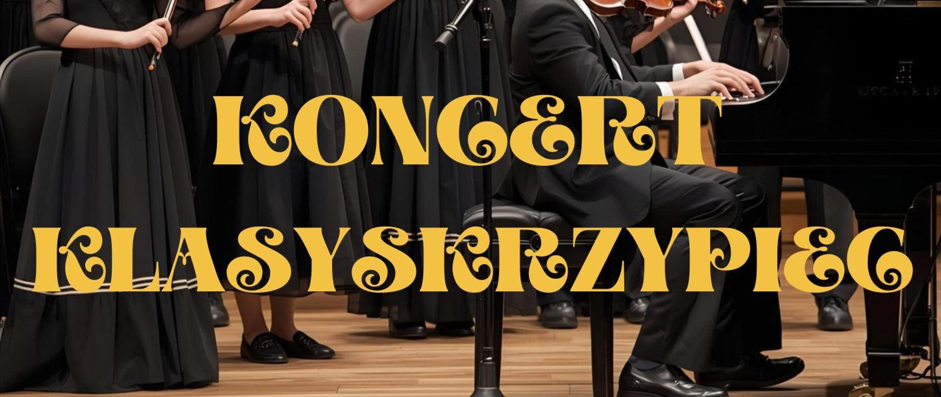 Plakat w świątecznym klimacie. W górnej części widnieje napis "Zapraszamy na". Poniżej znajduje się duże zdjęcie grupy dzieci grających na skrzypcach - stoją na scenie w eleganckich, ciemnych strojach. Za nimi widać świąteczne dekoracje z gałązek i czerwonych ozdób. Pod zdjęciem umieszczono główny tytuł plakatu: "Koncert klasy skrzypiec" napisany dużą, ozdobną czcionką. Na samym dole znajduje się informacja o wydarzeniu "09.12.2025 r. godz. 16.30", sala 214.