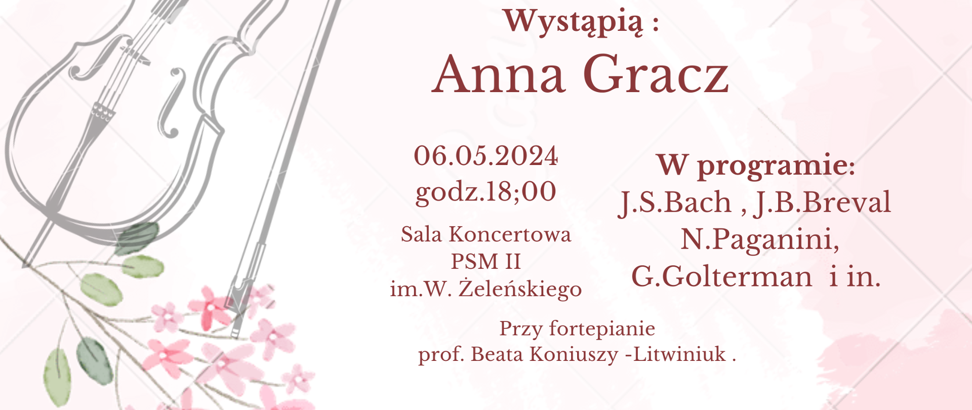 Audycja wiolonczelowa 06.05.2024 godz.18.00 plakat tło różowe z kwiatkami i obrazek wiolonczeli