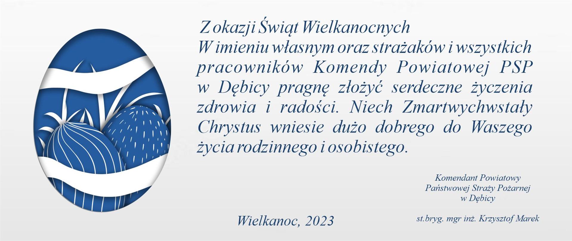 życzenia wielkanocne, tekst życzeń koloru niebieskiego na jasnym tle, niebiesko biała pisanka 
