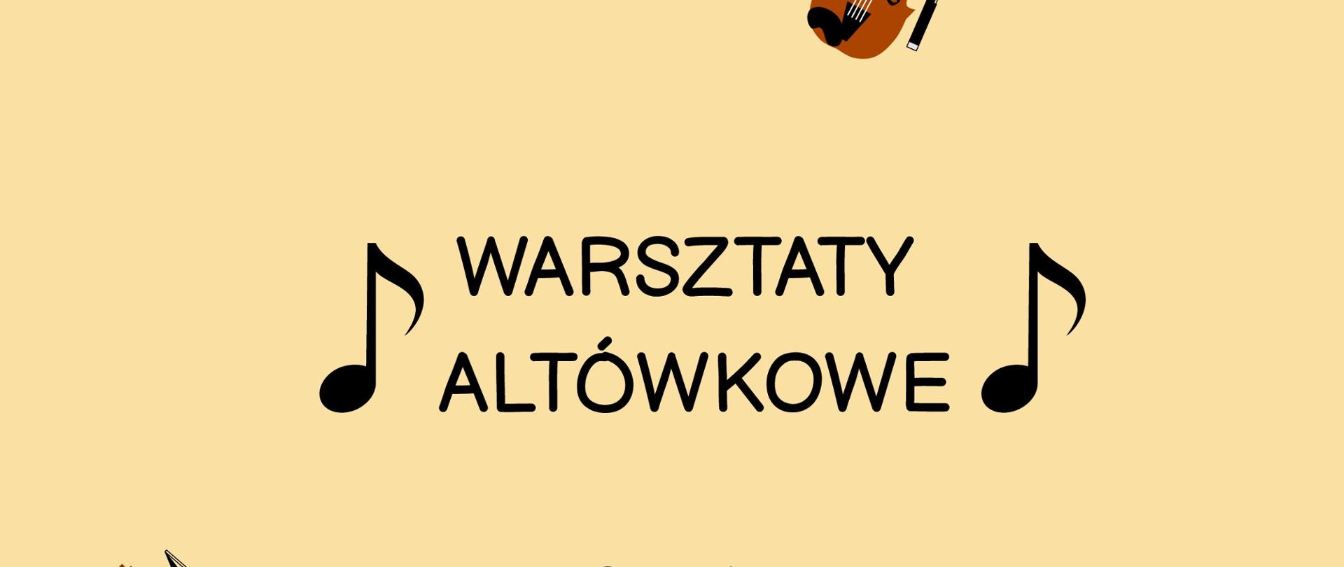 Na beżowym tle czarne napisy informujące o wydarzeniu i jego szczegółach. W centralnej części dwie czarne nuty ósemkowe oraz dwie ikony przedstawiające altówki.. W lewym górnym rogu jesienne liście, w prawym dolnym rogu jesienne liście i logo szkoły. W prawym górnym i lewym dolnym rogu falujące pięciolinie z nutami.