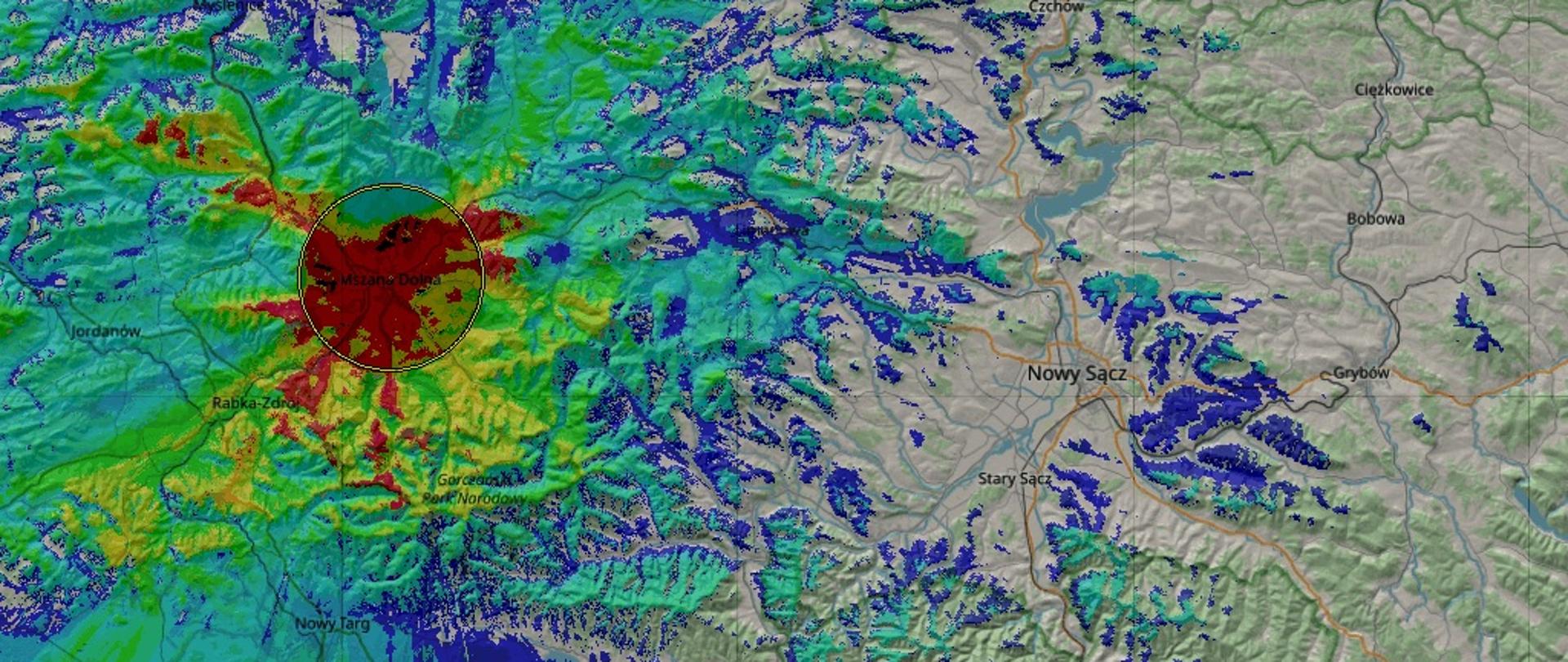 Mama z zasięgiem propagacji fal radiowych UKF z obiektu KP PSP Limanowa