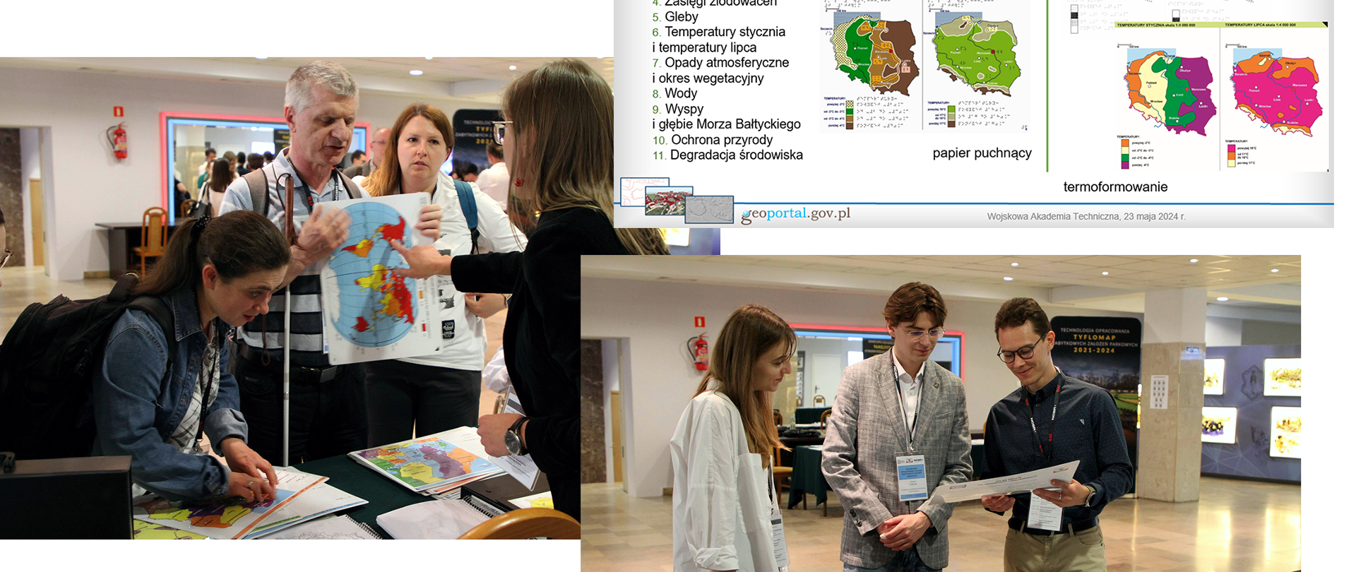 Ilustracja przedstawia kolaż zdjęć z konferencji (sala wykładowa, stoisko GUGiK'u).