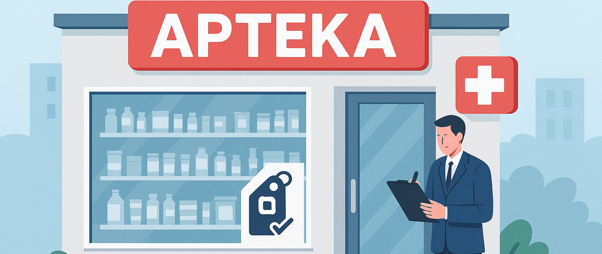 Infografika prezentująca budynek apteki i osobę przed budynkiem, która coś notuje. 