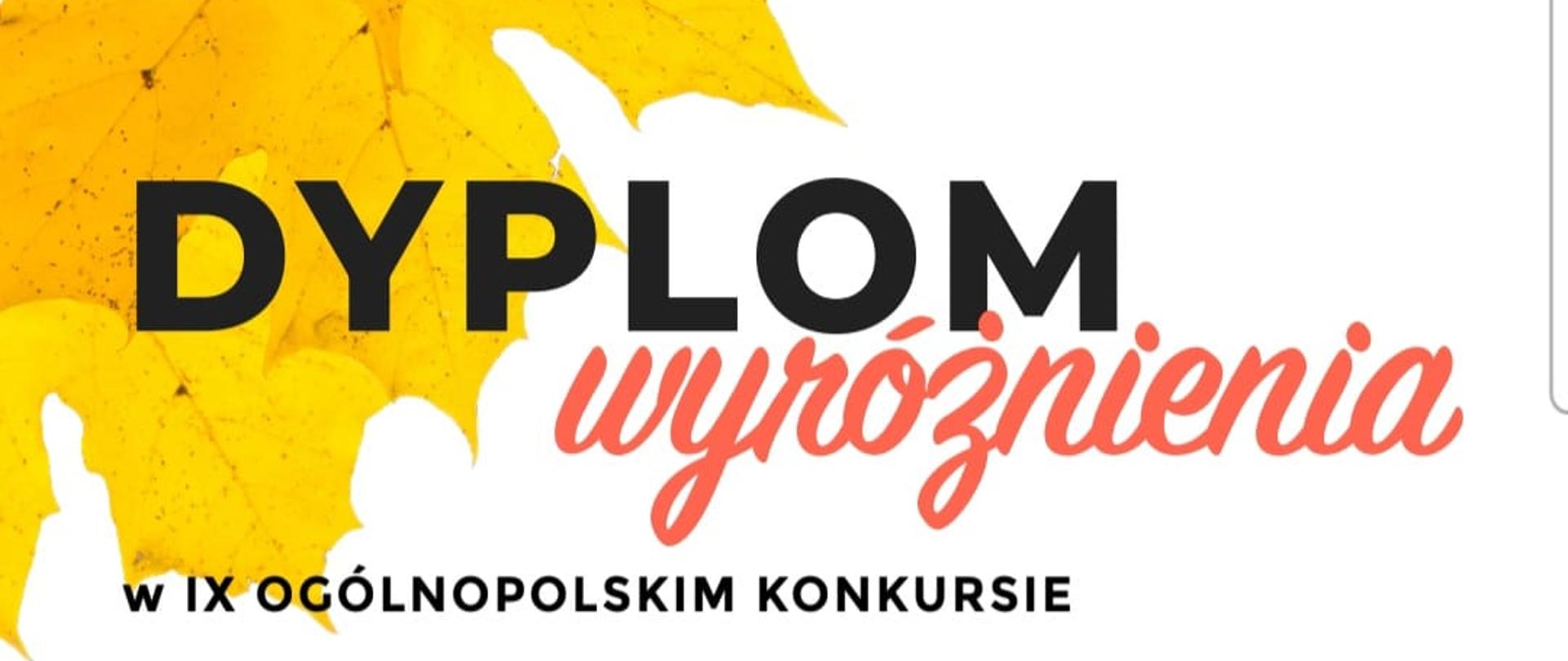 Dyplom na białym tle z grafiką na górze i na dole z lewej strony w formie żółtych liści. Od góry duży czarny napis dyplom, pod nim wyróżnienie ukośną kursywą w kolorze czerwonym. Niżej pełna nazwa konkursu, dalej imię i nazwisko ucznia i nazwa szkoły. Na dole nazwiska jurorów ze zdjęciami i podpisami. Na samym dole, na czerwonym pasku w kolejności organizator, logo fundacji i data.