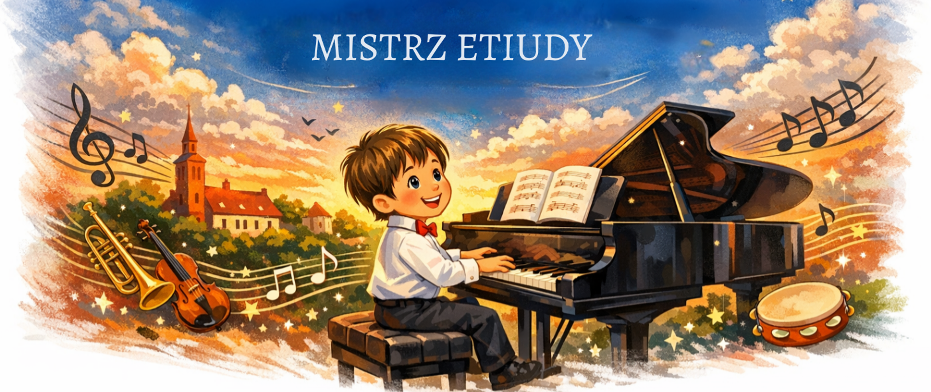 Ilustracja przedstawia uśmiechniętego chłopca siedzącego przy fortepianie i grającego z nut. Wokół niego unoszą się symbole muzyczne, a w tle widać malowniczy krajobraz z kościołem, drzewami i zachodzącym słońcem. Obok znajdują się instrumenty muzyczne: skrzypce, trąbka i tamburyn. Na górze widnieje napis „MISTRZ ETIUDY”. Atmosfera jest ciepła, kolorowa i pełna radości związanej z muzyką.