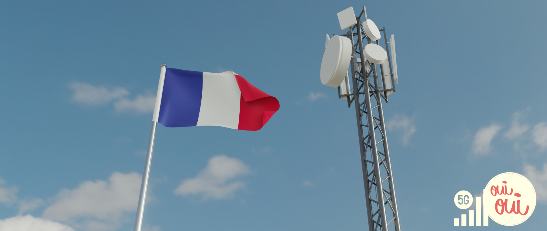Zdjęcie przedstawia flagę Francji, maszt sieci komórkowej oraz słupki jakości sieci 5G.