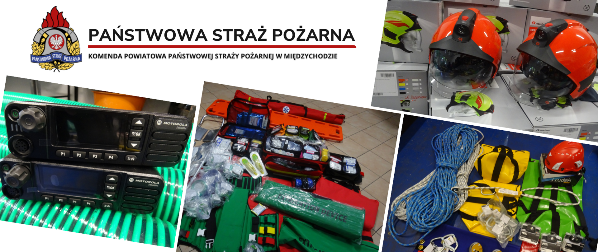 Na zdjęciu widać sprzęty zakupione przez KP PSP w Międzychodzie, to są: hełmy, zestaw ratownictwa wysokościowego, zestaw ratownictwa medycznego.