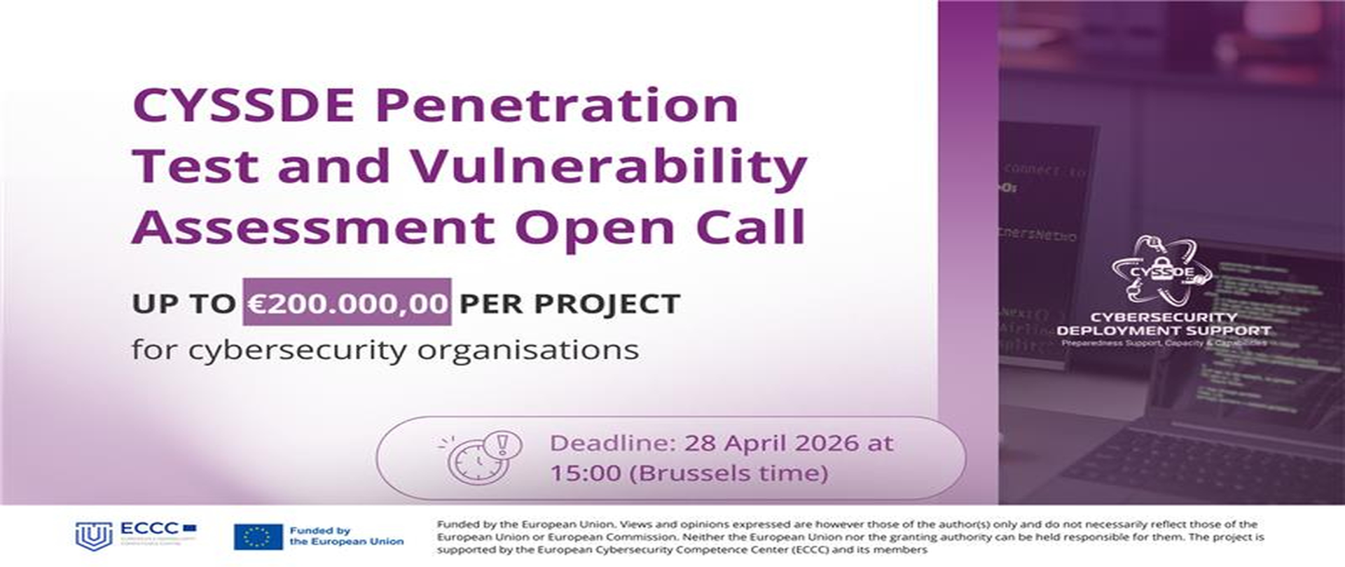 Nazwa projektu na liliowym tle, wraz z informacją o wysokości dofinansowania, deadlinie na składanie wniosków oraz logotypami europejskimi. 