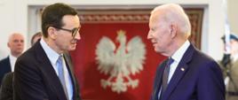 Prezydent USA Joe Biden i Premier Mateusz Morawiecki podczas spotkania.