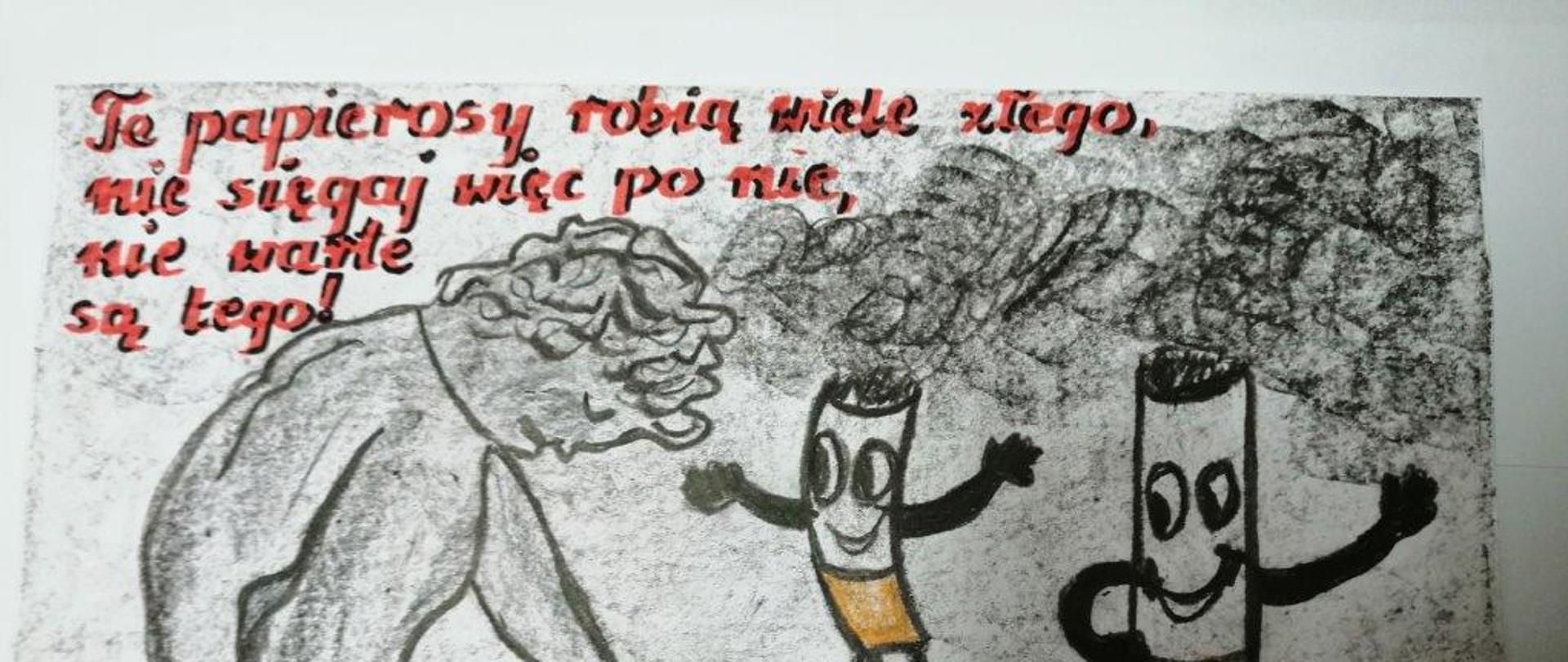 Praca plastyczna uczennicy z zakresu profilaktyki palenia tytoniu wraz z hasłem 