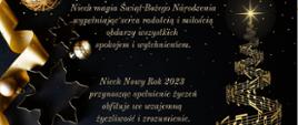 Zdjęcie przedstawia życzenia z okazji Świąt Bożego Narodzenia, na grafitowym tle złote gwiazdki, bombki oraz choinka z pięciolinii, na której znajdują się nuty.