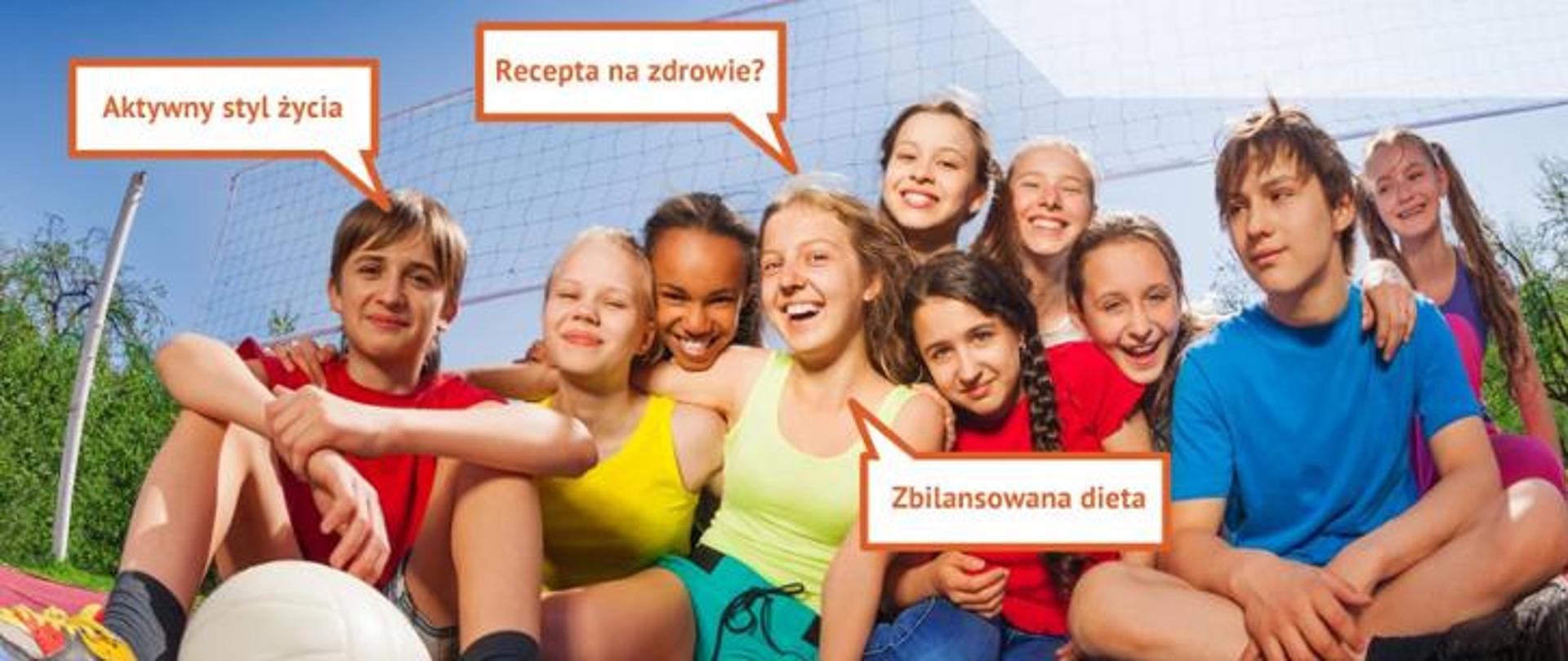 Logo zawierające zdjęcie siedzącej grupy dzieci, napisy: Recepta na zdrowie? - Aktywny styl życia, Zbilansowana dieta, 