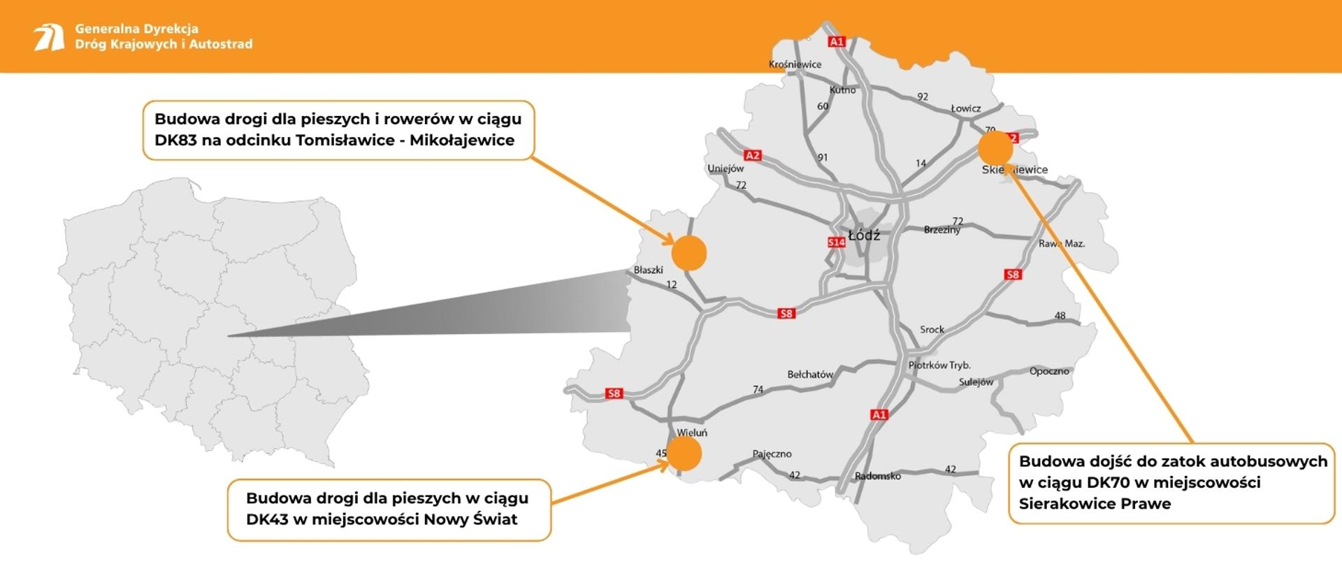Mapka - podpisanie PI Sierakowice Prawe DK70, Nowy Świat DK43, Tomisławice DK83